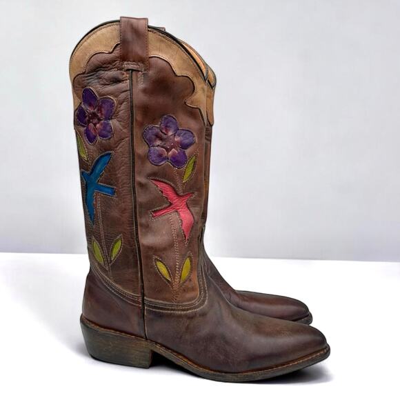 Oak Tree Farms Western Boots Bird Flower Custom Handmade Leather Teak 7.5 OOAK - Picture 3 of 12